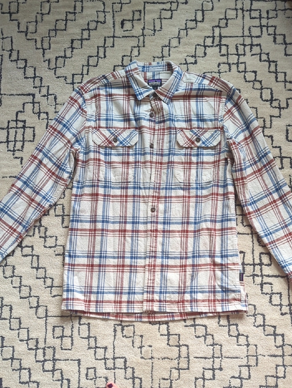 Patagonia Plaid Button-Up Flannel Shirt in Cream, Blue & Brown, Medium